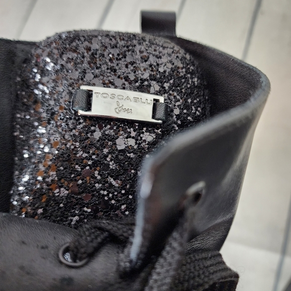 Tosca Blu Leather Combat  Boots Black Glitter Accents Size 39 Goth Punk - Picture 3 of 15